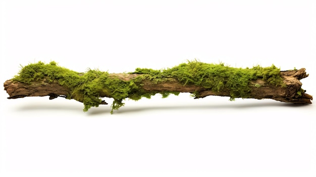 Lush moss on a deteriorating branch set against a white background