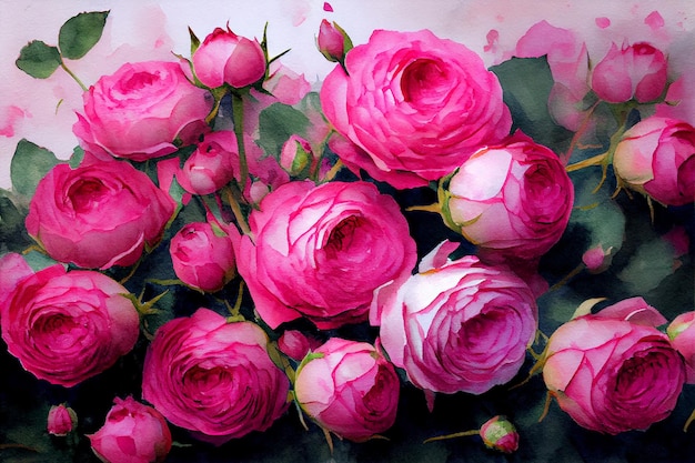 Lush painted bouquet of pink peonies