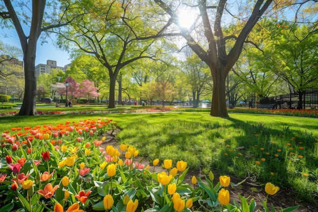 Foto un parco lussureggiante ricco di alberi e fiori