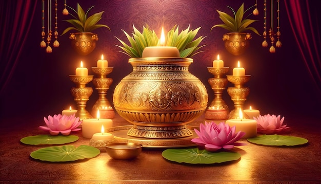 A lush photorealistic scene depicting Akshaya Tritiya celebrations with a golden pot candles and