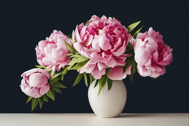 黒の背景にテーブルの上の白い花瓶の牡丹の花の緑豊かなピンクの花束