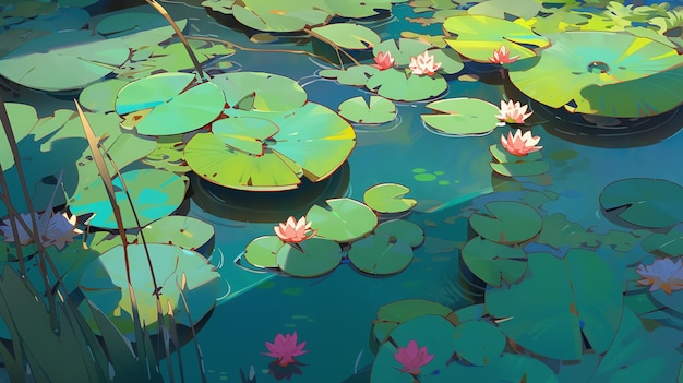 スイレンの咲く緑豊かな池のポップアートの静かな庭園