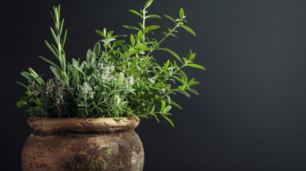 茂った鉢の植物が田舎の木製のテーブルに優雅に座っている