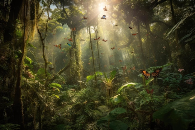 Lush rainforest trees wildlife and vibrant colors generative IA