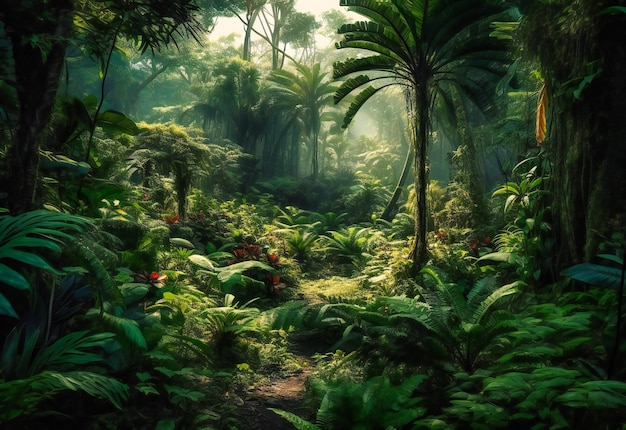 울창한 초록색 식물 과 다른 작은 나무 들 이 있는 울창 한 열대 우림
