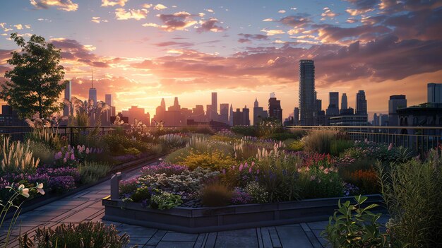 Photo a lush rooftop garden with a view of the city skyline