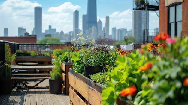 都市のスカイラインを眺める茂った屋根上の庭園