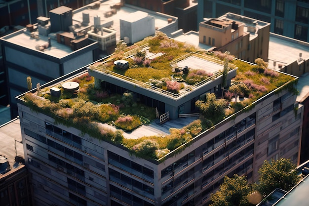 Lush rooftop gardens adorning city buildings offering natural habitats and improved air quality for urban dwellers