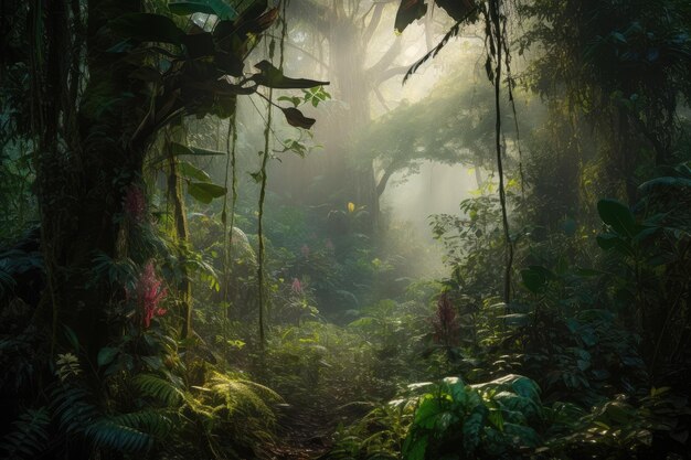 Foto scena lussureggiante della foresta pluviale vita vibrante e torrenti meandranti ia generativa