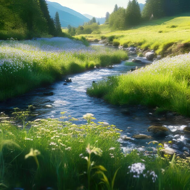 A lush sundrenched meadow of wildflowers with a crystalclear stream winding through it