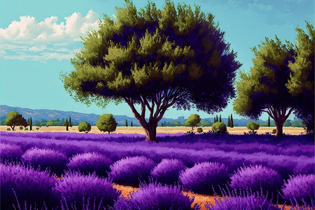 Lush trees in fragrant summer lavanda field