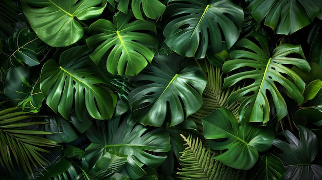 写真 モンステラ・パーム・フェルン (monstera palm fern) と装飾植物 (ornamental plants) の緑豊かな熱帯背景