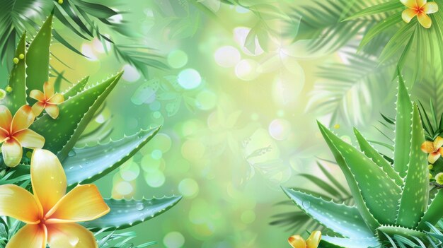 Photo lush tropical banner with aloe vera leaves and vibrant flowers jungle greenery background for design use