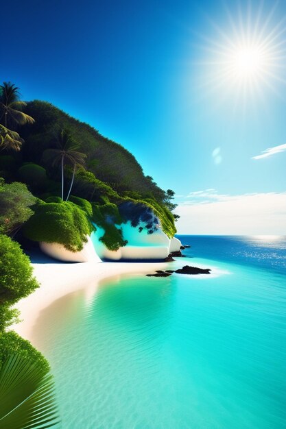 A lush tropical beach with crystal blue waters