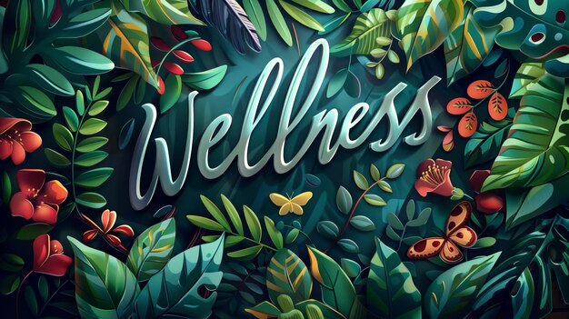 Photo lush tropical foliage around the word wellness in elegant script