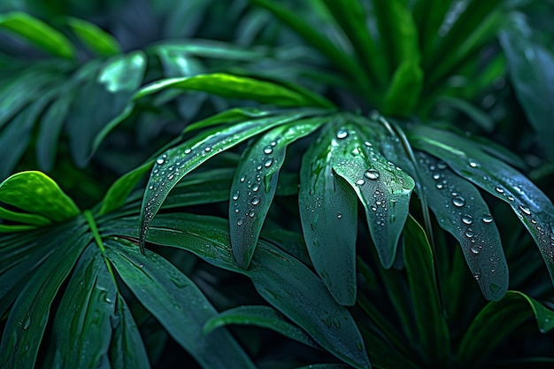 Пышная тропическая листва, влажные темно-зеленые листья для фона