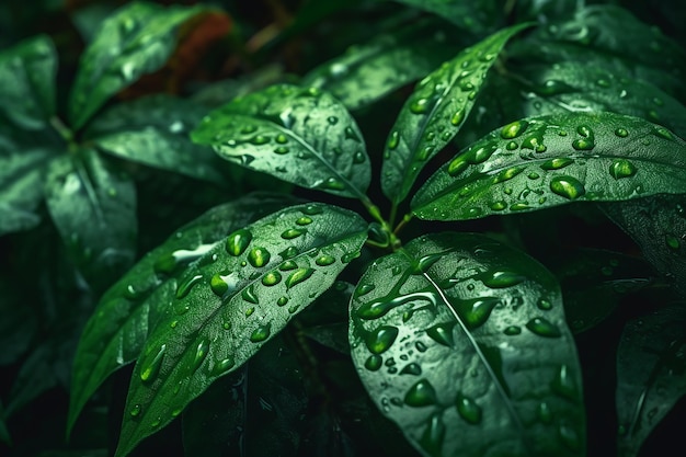 Пышная тропическая листва, влажные темно-зеленые листья для фона