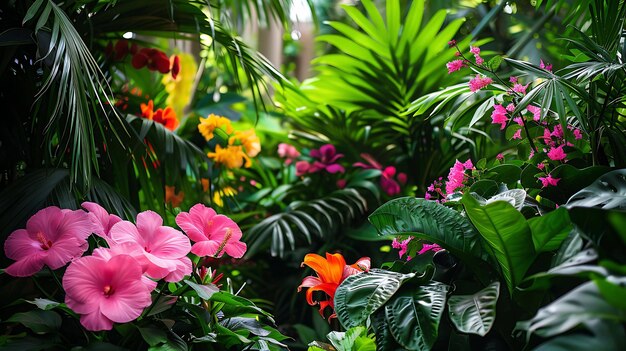 Lush tropical foliage with vibrant flowers in the foreground