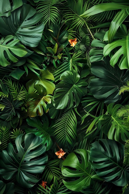 Lush tropical green leaves filling the frame Nature pattern photography with a vibrant jungle theme