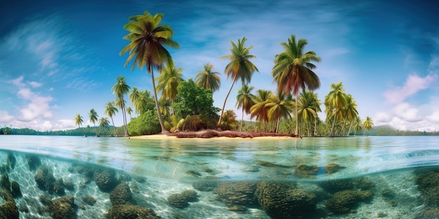 나무로 둘러싸인 바다 한가운데에 있는 울창한 열대 섬