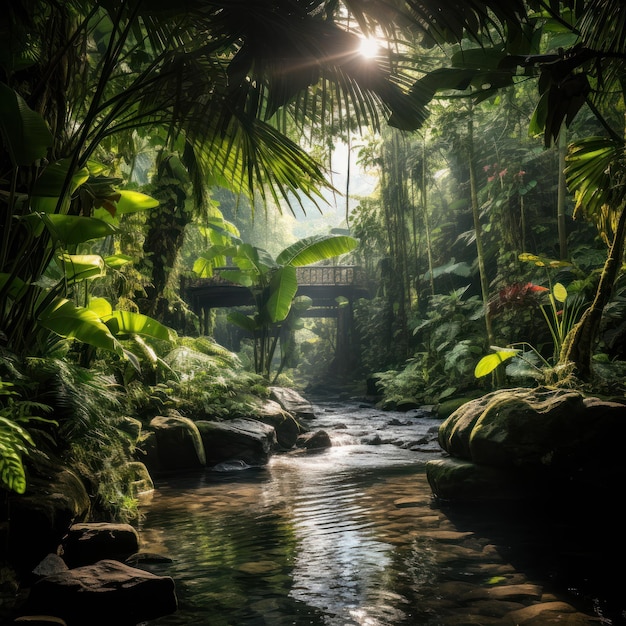 Foto lussureggiante giungla tropicale con cascate in cascata