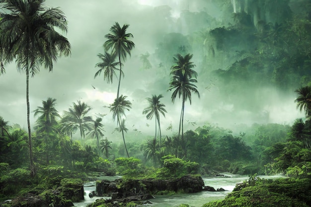 lush tropical landscape with old stone ruins scattered