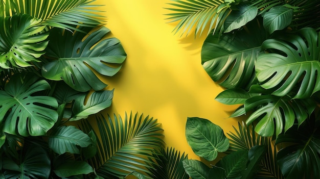 Lush Tropical Leaves on a Yellow Background