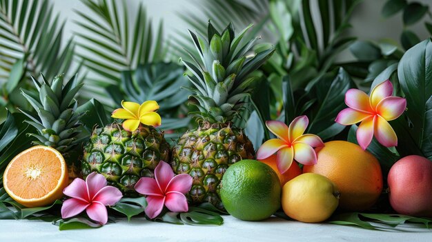 Lush tropical paradise theme with palm trees exotic fruits and vibrant flowers for a lush and exotic island celebration on white background 4k ultra hd