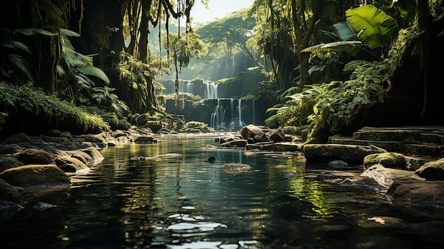 Photo lush tropical rainforest 4k landscape with cascading waterfalls