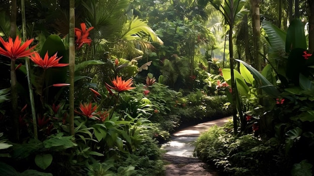 Пышный тропический лес, наполненный буйством красок и текстур Возвышающиеся пальмы тянутся к небу Генеративный искусственный интеллект