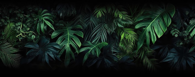 Lush Tropical Rainforest Foliage On Black Background