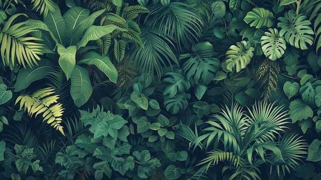 Photo a lush tropical rainforest scene with a variety of green leaves and plants