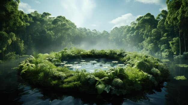 Photo lush tropical rainforest with tranquil water pond surrounded by dense greenery