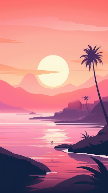 Lush tropical sunset with a silhouette palm tree and soft reflections on the water