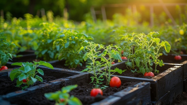 A lush vegetable garden with rows of tomatoes cucumbers and zucchini thriving under the sun