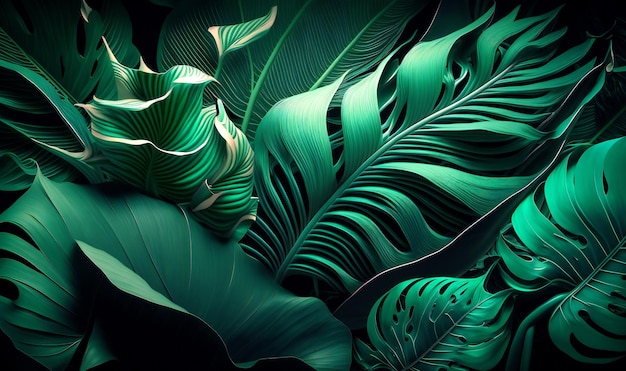 A lush and verdant abstract texture featuring an array of tropical leaves in shades of green perfect for use as a desktop wallpaper