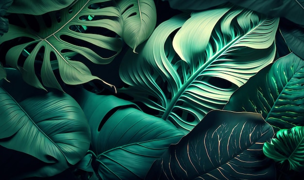 바탕 화면 배경 무늬로 사용하기에 완벽한 녹색 음영의 열대 잎 배열을 특징으로 하는 무성하고 초록빛 추상 텍스처