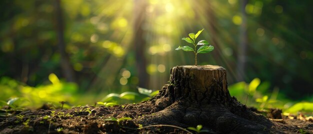 A lush verdant forest scene with a small sapling sprouting from the decaying stump of a fallen tree symbolizing the cycle of life and natures ability to regenerate