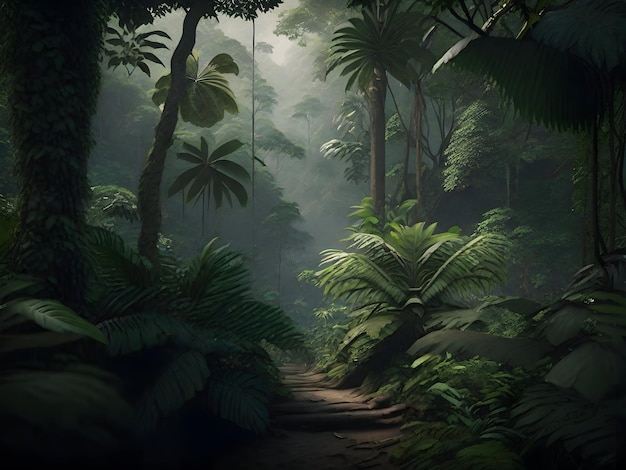 두꺼운 나무 캐노피와 탐험 감각이 있는 무성하고 생생한 짙은 녹색 열대 정글