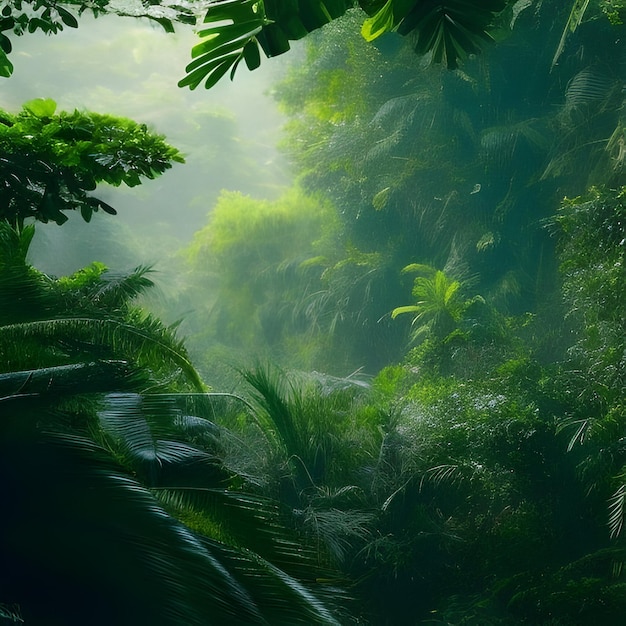 A lush vibrant deep green tropical jungle with a thick canopy of trees and a sense of exploration