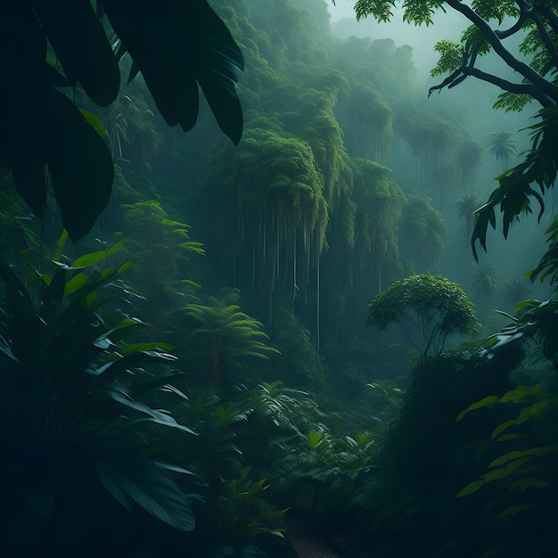 Пышные яркие темно-зеленые тропические джунгли с густым пологом деревьев и ощущением исследования