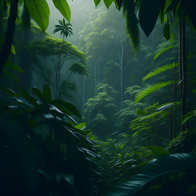 A lush vibrant deep green tropical jungle with a thick canopy of trees and a sense of exploration