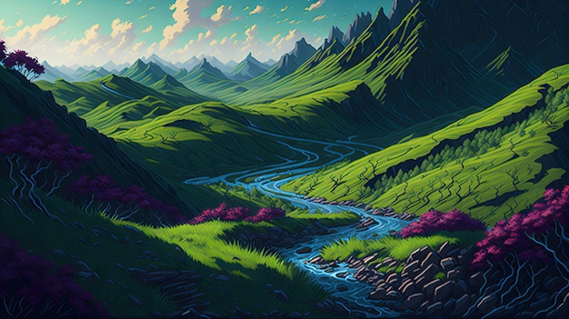 A lush vibrant fantasy landscape with a winding river