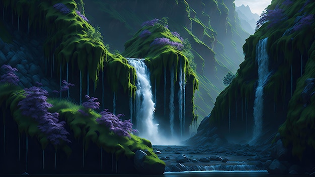 A lush vibrant fantasy river landscape