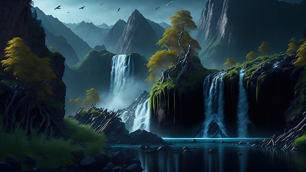 A lush vibrant fantasy river landscape