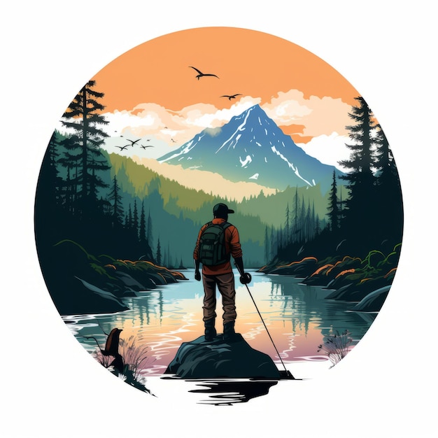 Lush And Vibrant Fishing Logo With Hiker In Woods And Mountains