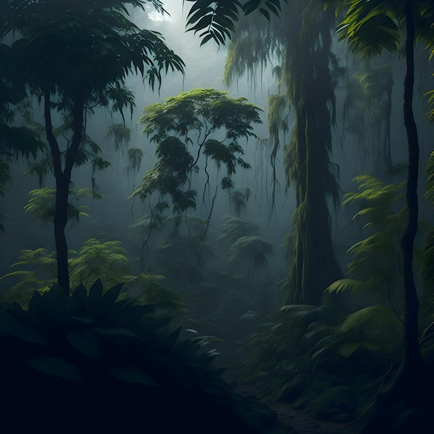 영화 같은 느낌의 무성하고 활기차고 신비로운 깊은 열대 정글