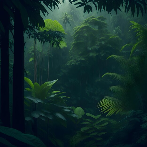 A lush vibrant and mysterious deep tropical jungle with a cinematic feel