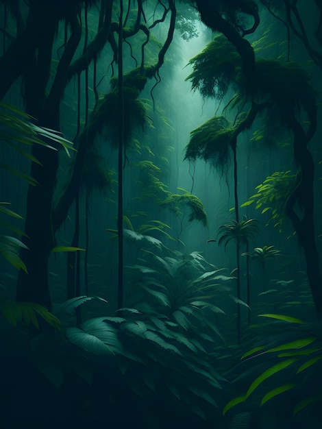 A lush vibrant and mysterious deep tropical jungle with a cinematic feel