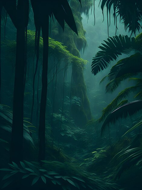 A lush vibrant and mysterious deep tropical jungle with a cinematic feel